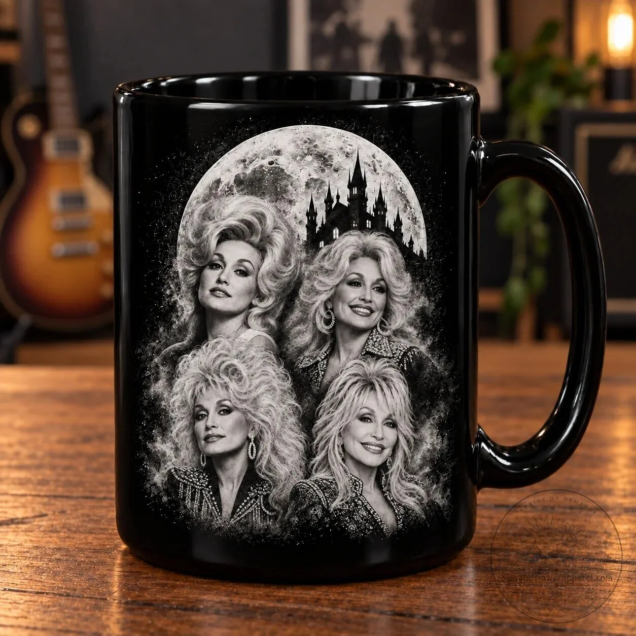 Country Music Dolly Parton Gothic Castle Full Moon Black Coffee Mug