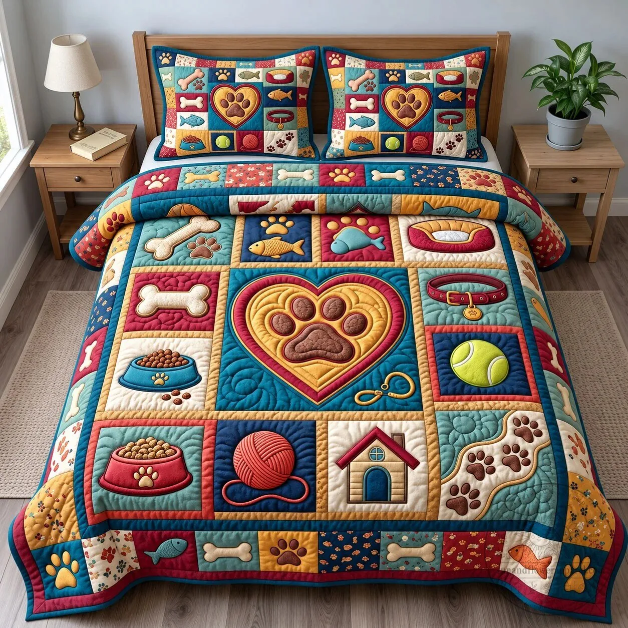 Colorful Pet Paw Print Quilted Bedding Set with Matching Pillow Shams