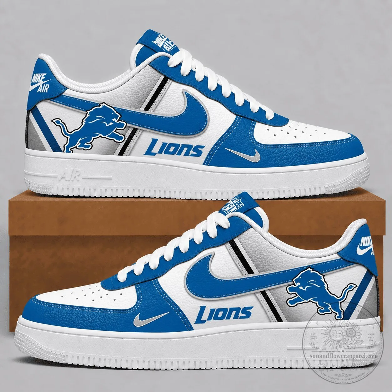 Detroit Lions NFL Team Logo White and Blue Air Force Sneakers
