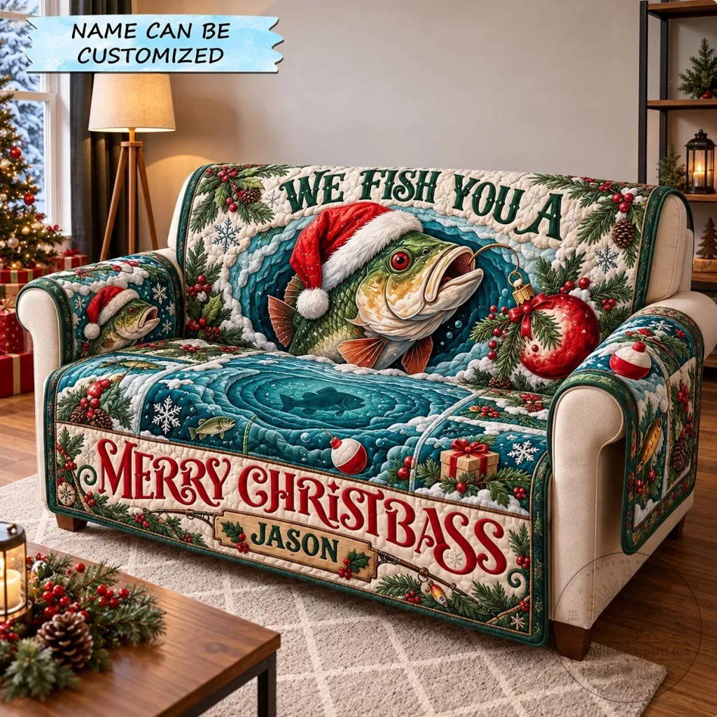 Merry Christmas Bass Fishing Holiday Quilted Sofa Cover Merry Christmas Bass Fishing Holiday Quilted Sofa Cover