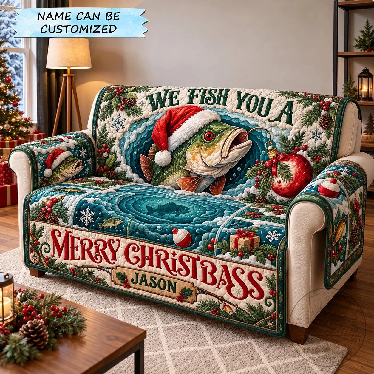 Merry Christmas Bass Fishing Holiday Quilted Sofa Cover