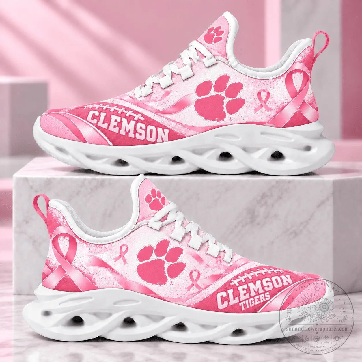 Clemson Tigers Breast Cancer Awareness Pink Ribbon Chunky Sneakers Shoes