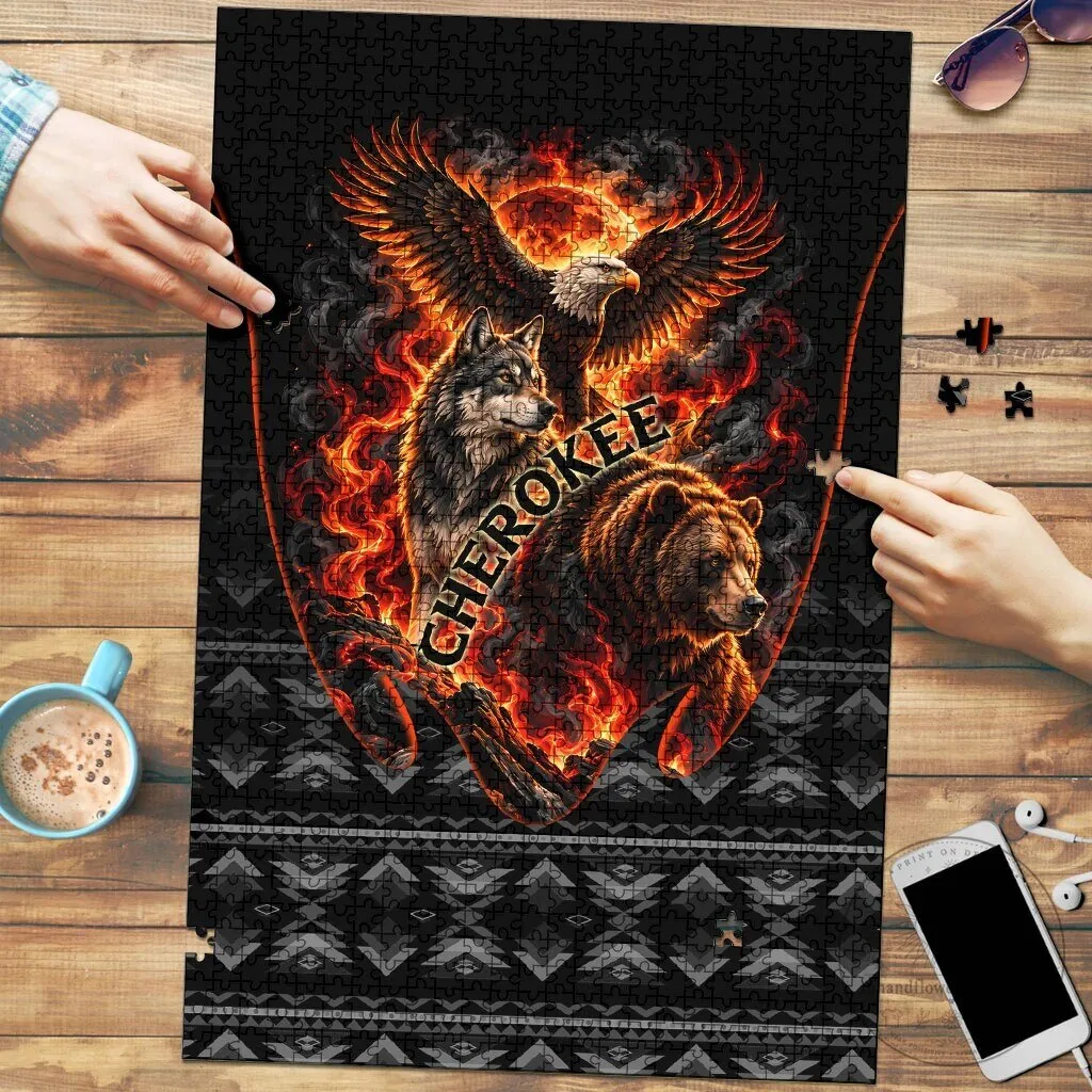 Cherokee Spirit Animals Fiery Tribal Art Wolf Bear Eagle Jigsaw Puzzle