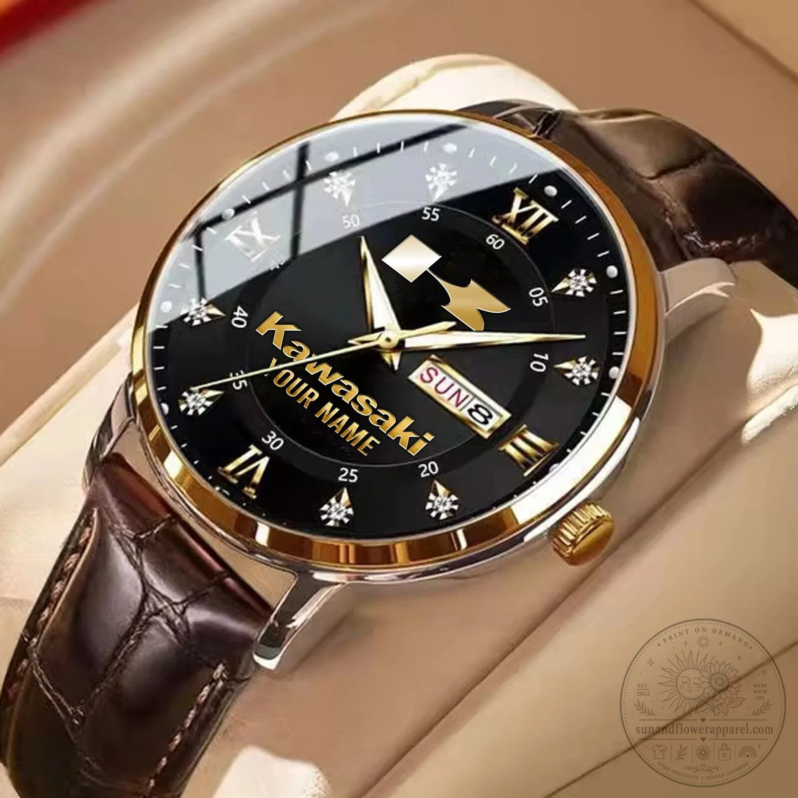Kawasaki Motorcycle Logo Custom Name Gold and Black Men's Wrist Watch