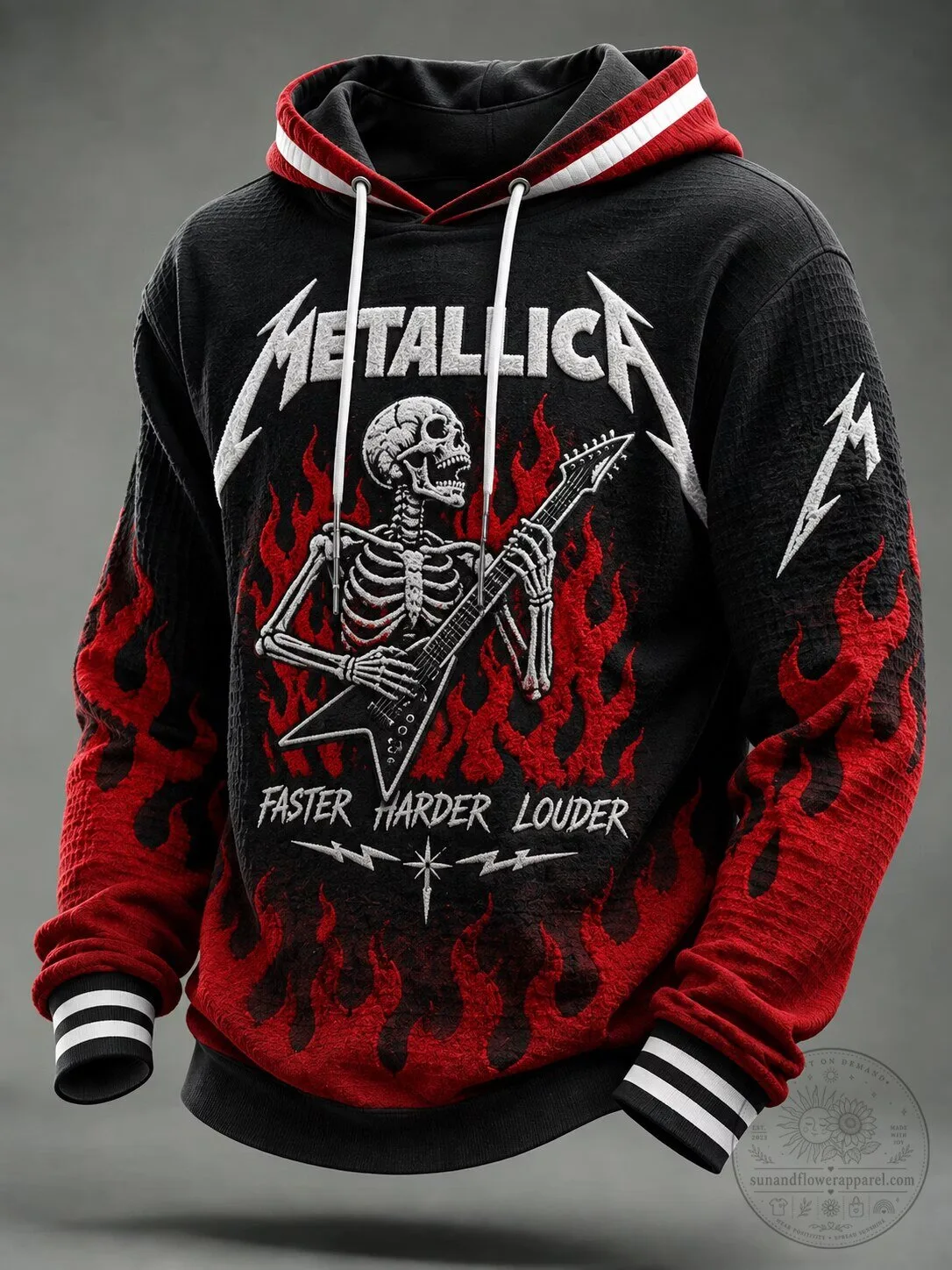 Metallica Skeleton Guitar Flame Graphic Black and Red Hoodie