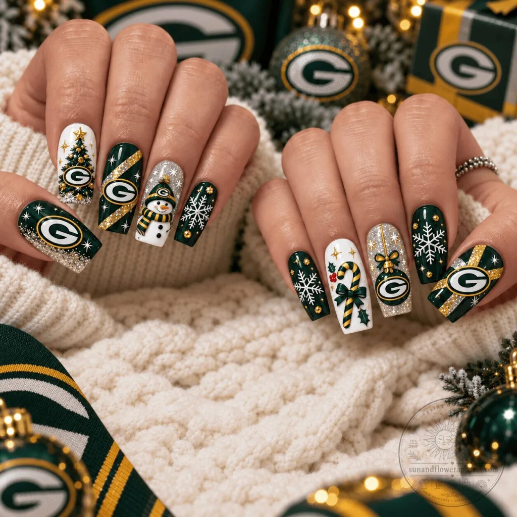 Green Bay Packers Christmas Spirit Festive NFL Press-On Nails Set Green Bay Packers Christmas Spirit Festive NFL Press-On Nails Set