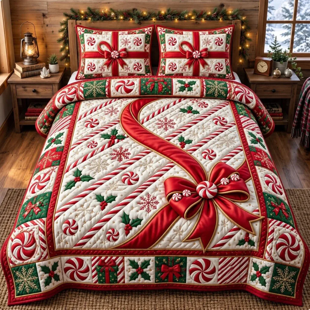 Christmas Candy Cane and Holly Quilted Bedding Set with Gift Bow Design Christmas Candy Cane and Holly Quilted Bedding Set with Gift Bow Design