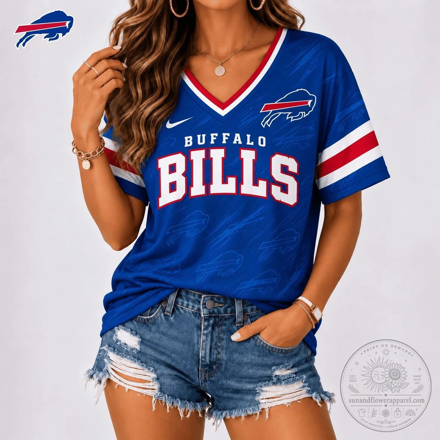 Buffalo Bills NFL Team Shirt, Premium Blue V-Neck Football Jersey for Women