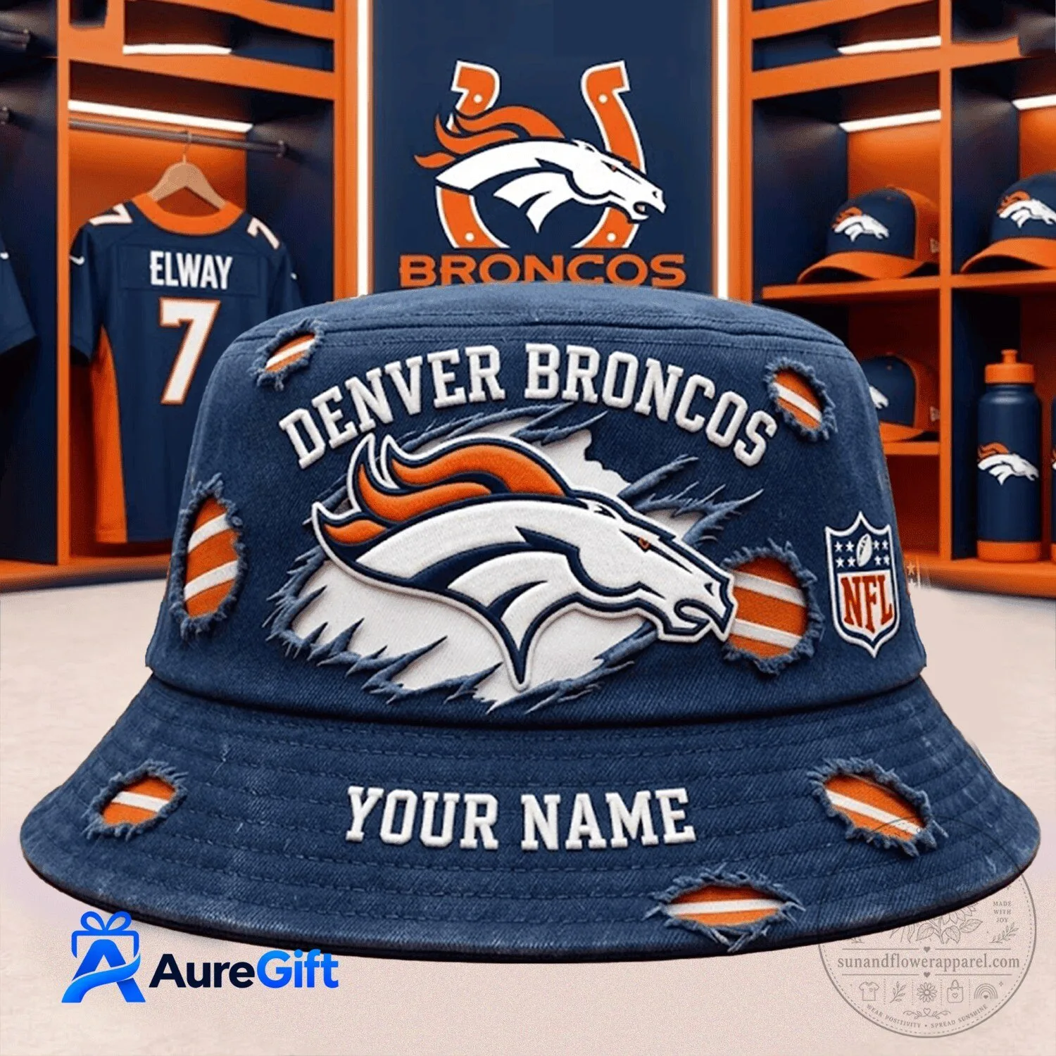 Denver Broncos National Football League Distressed Bucket Hat with Personalized Name