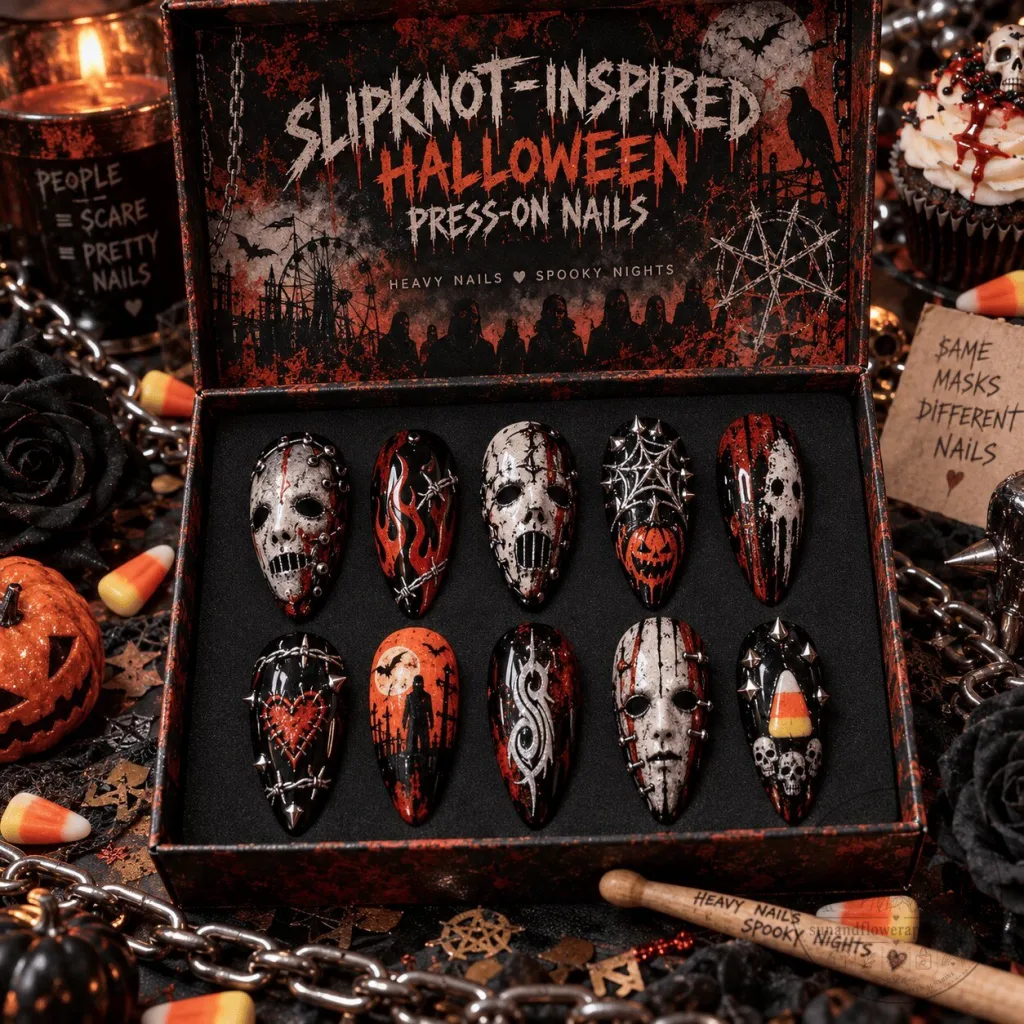 Slipknot Halloween Masked Portrait Press-On Nail Set for Metal Music Fans Slipknot Halloween Masked Portrait Press-On Nail Set for Metal Music Fans