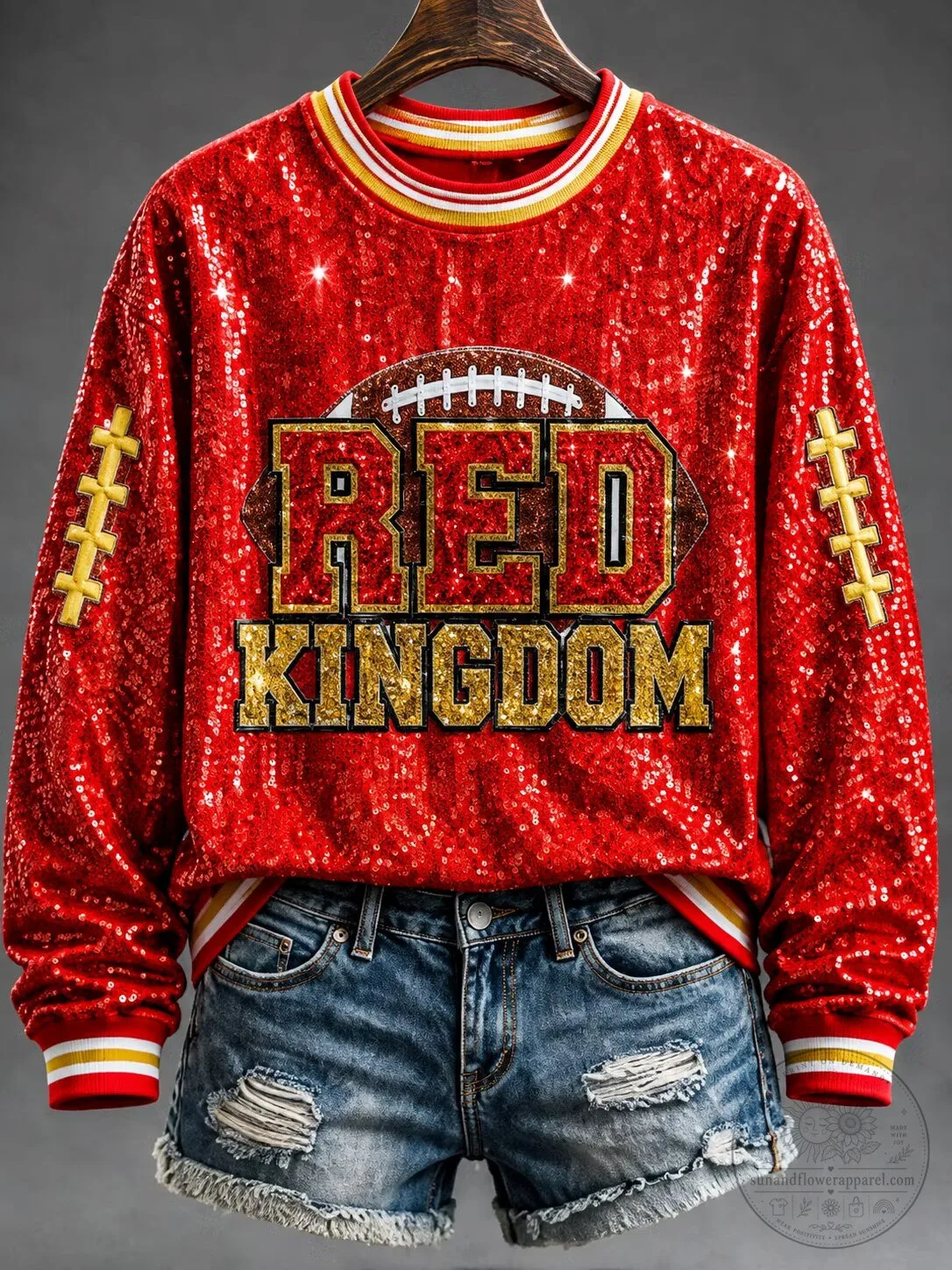 Kansas City Chiefs Red Kingdom Football Sequin Long-Sleeve Sweatshirt