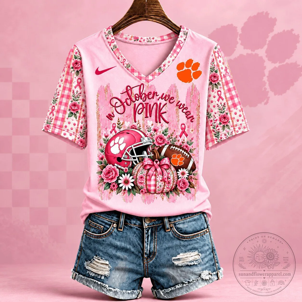 Clemson Tigers Breast Cancer Awareness Pink Floral Football T-Shirt
