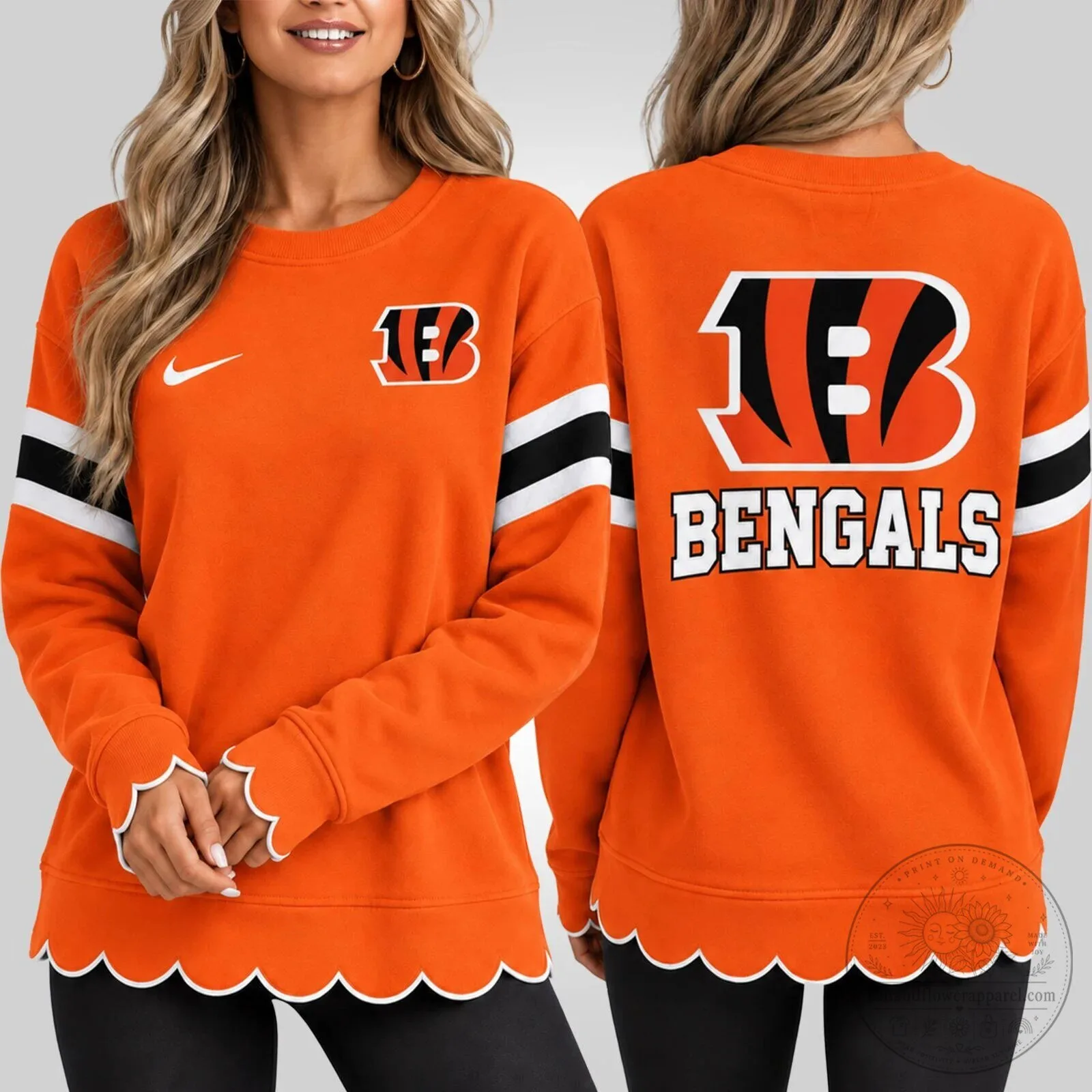 Cincinnati Bengals Women's Orange Scalloped Hem Crewneck Sweatshirt