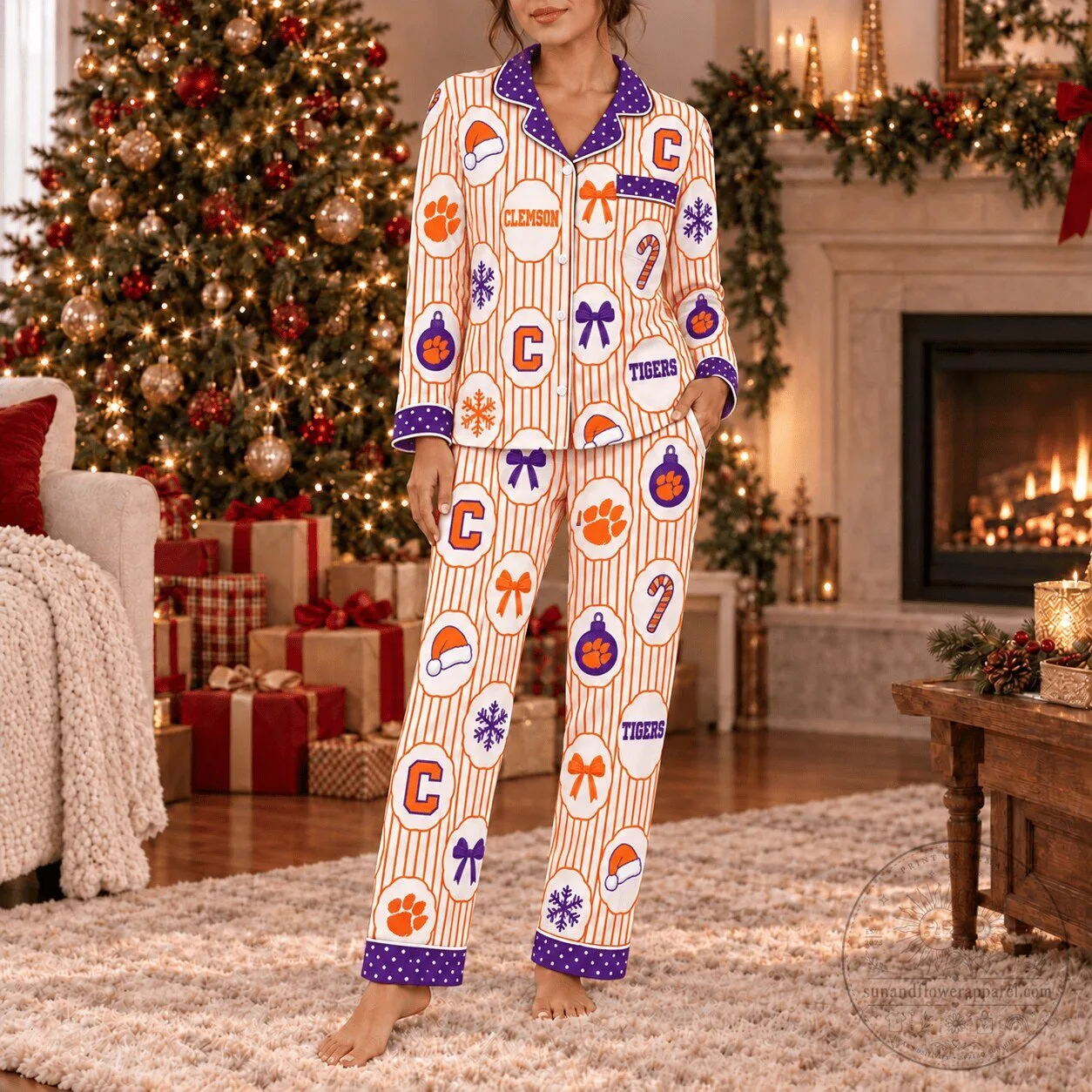Clemson Tigers Christmas Holiday Button-Up Long Sleeve Pajamas Set