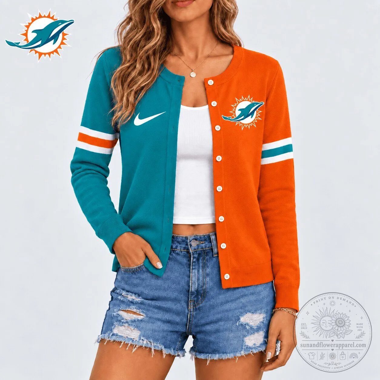 Miami Dolphins Teal Orange Color Block Cardigan Sweater for Women