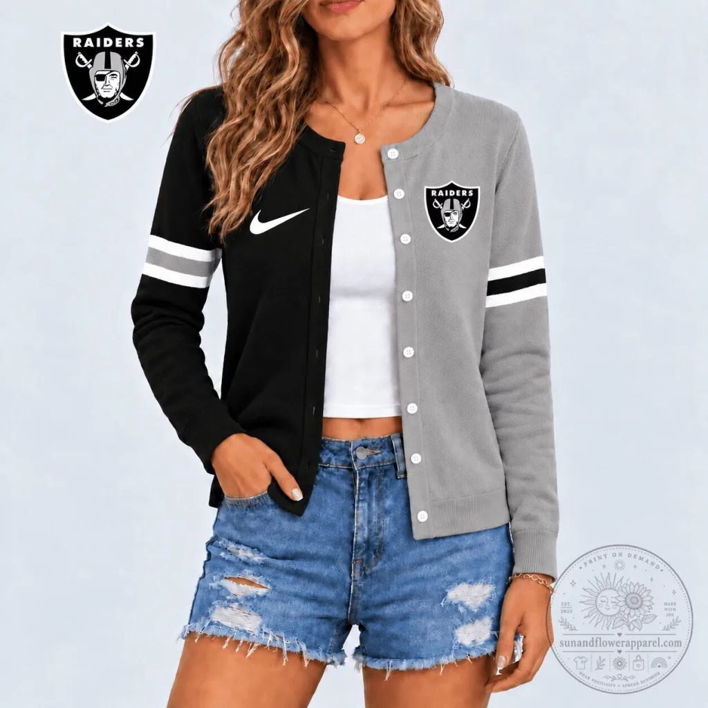 Las Vegas Raiders Black and Gray Striped Button-Up Cardigan Sweater for Women Las Vegas Raiders Black and Gray Striped Button-Up Cardigan Sweater for Women