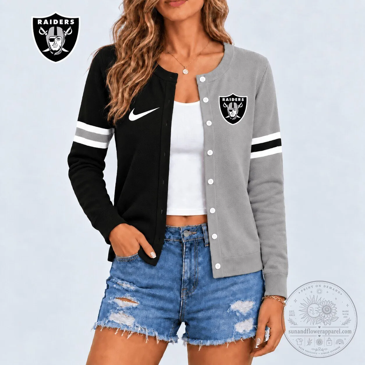 Las Vegas Raiders Black and Gray Striped Button-Up Cardigan Sweater for Women