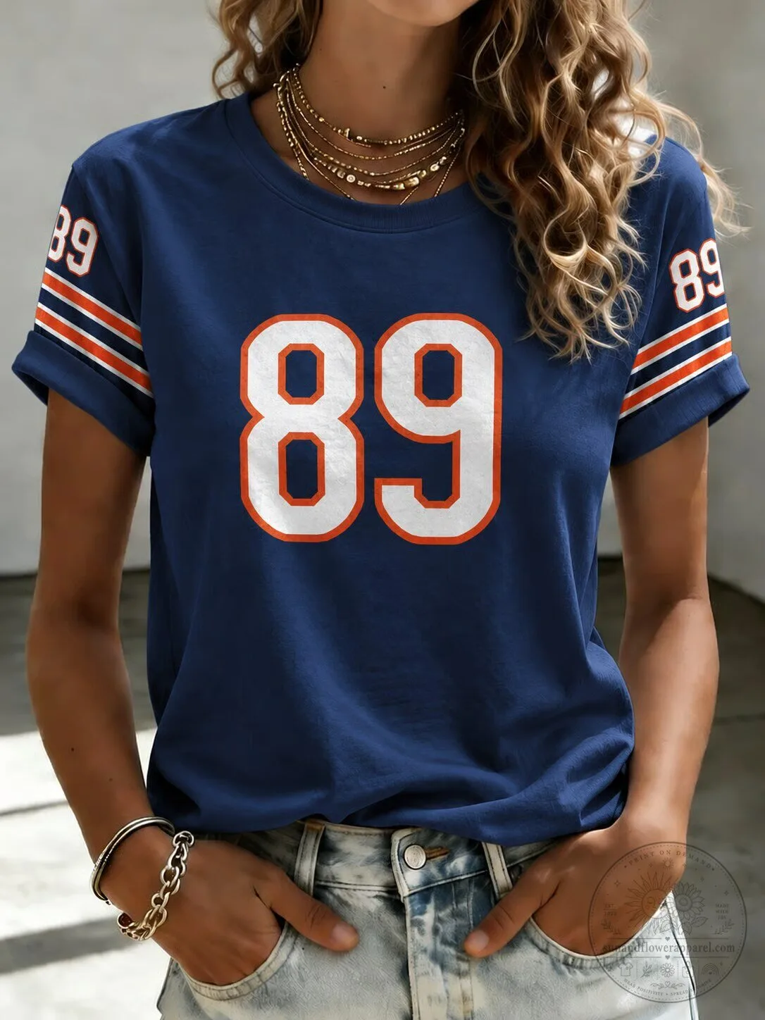Chicago Bears Number 89 Football Fanatics Navy Blue Women's T-Shirt