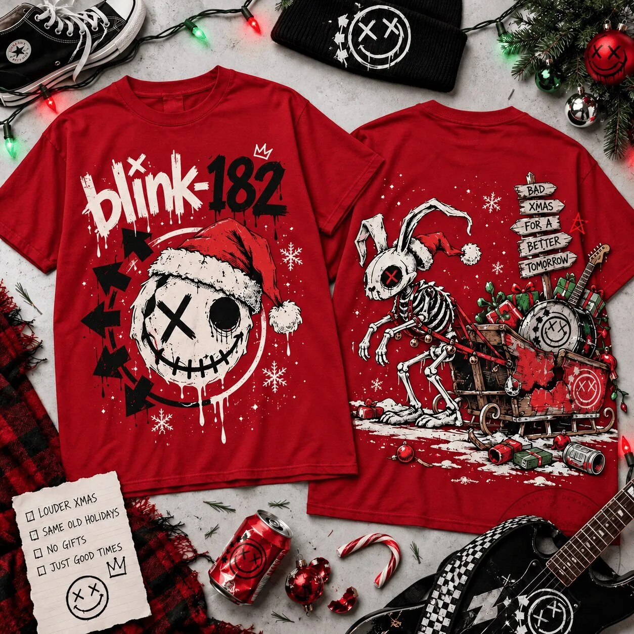 Blink-182 Skeleton Bunny Christmas Pop Punk Music Band Fan T-Shirt