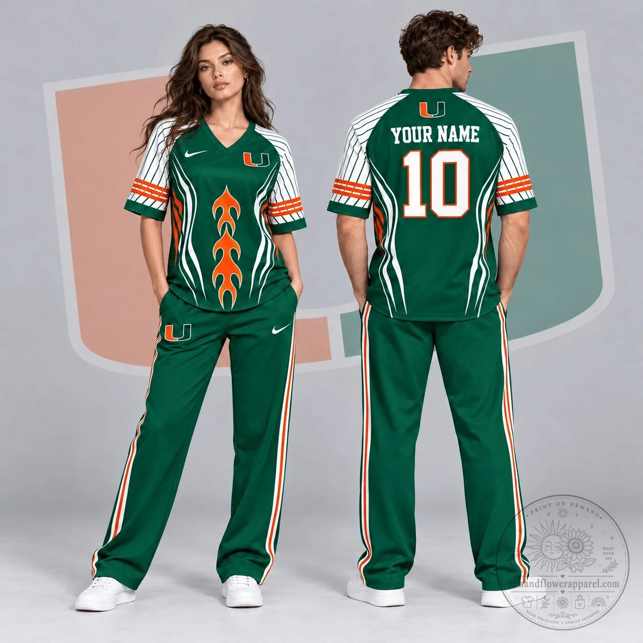 Miami Hurricanes NCAA Flame Stripe Personalized V-Neck Football Jersey