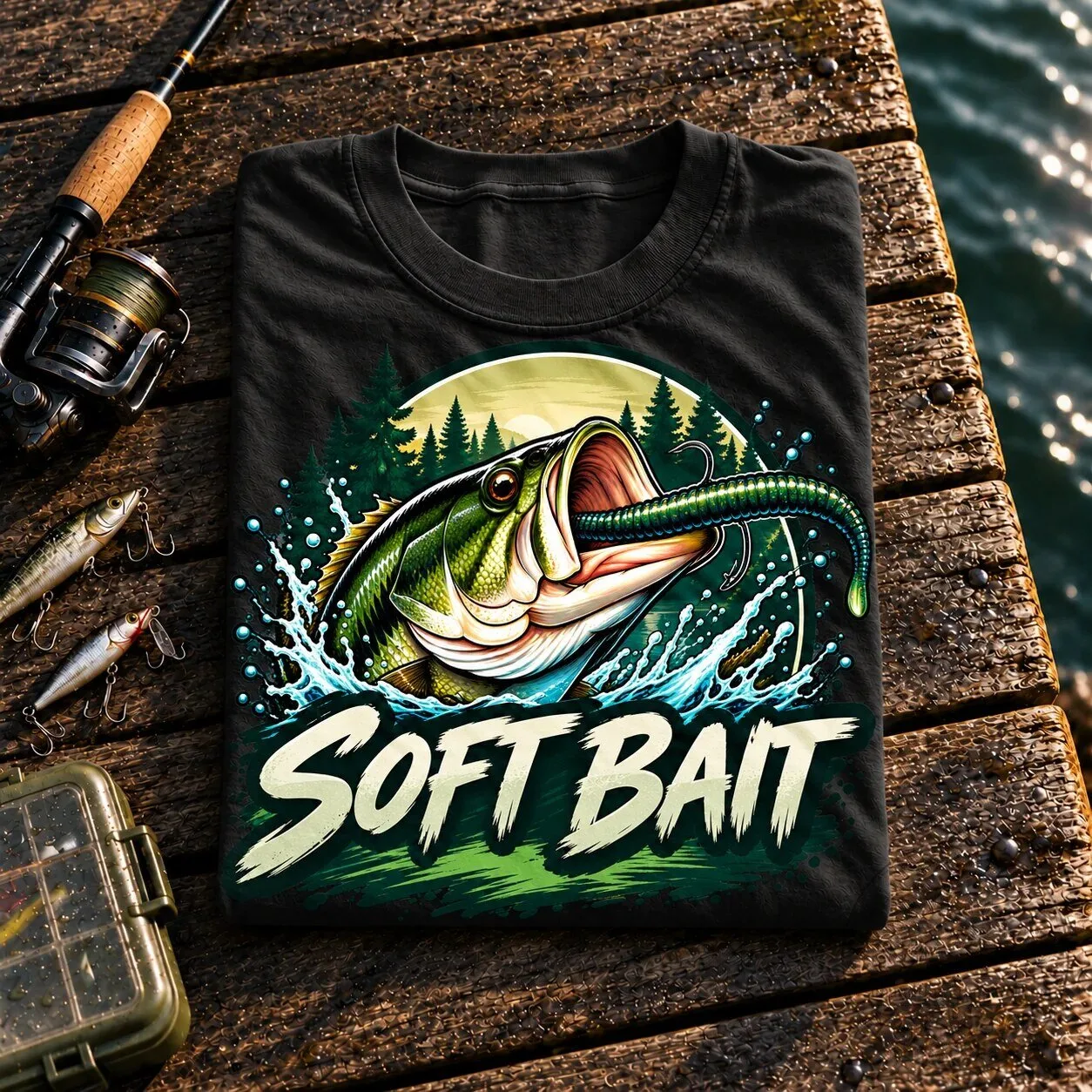 Soft Bait Bass Fishing Lure Fisherman Graphic Black T-Shirt