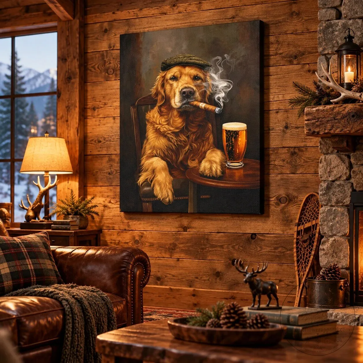 Golden Retriever Dog Smoking Cigar Drinking Beer Canvas Wall Art Decor