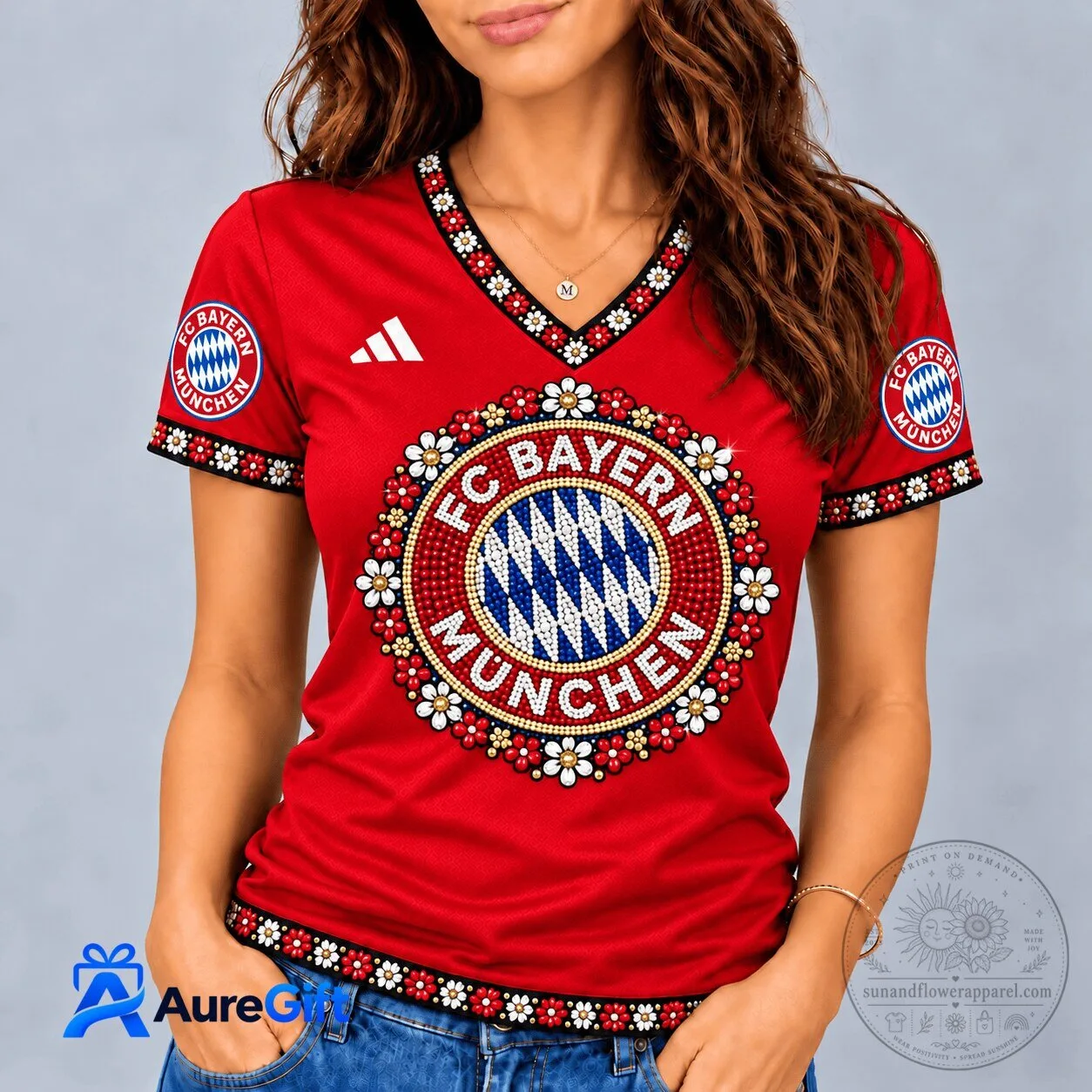 Bayern Munich Floral Mandala Design Women's V-Neck T-Shirt