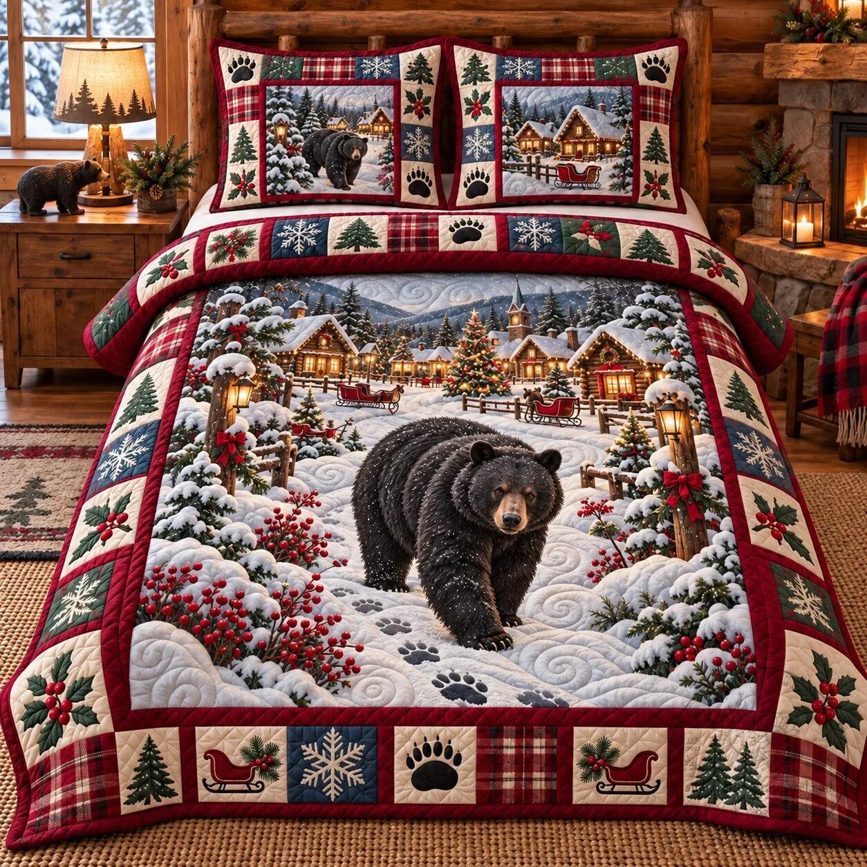 Christmas Winter Bear Cabin Quilted Bedding Set with Pillow Shams