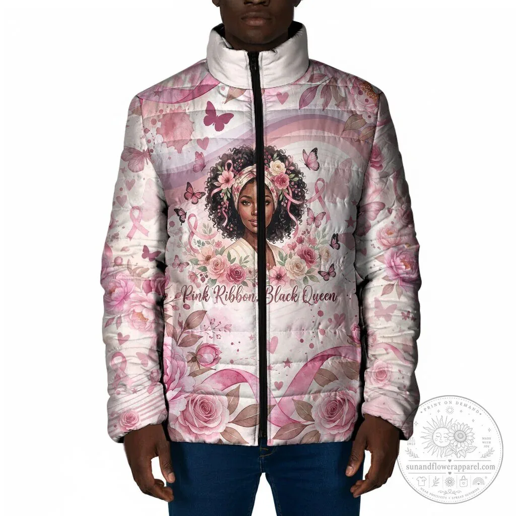 Pink Ribbon Black Queen Breast Cancer Awareness Floral Padded Jacket