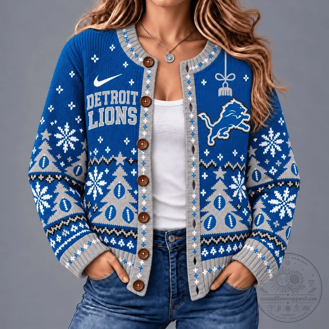 Detroit Lions NFL Football Team Winter Wonderland Snowflake Cardigan Sweater