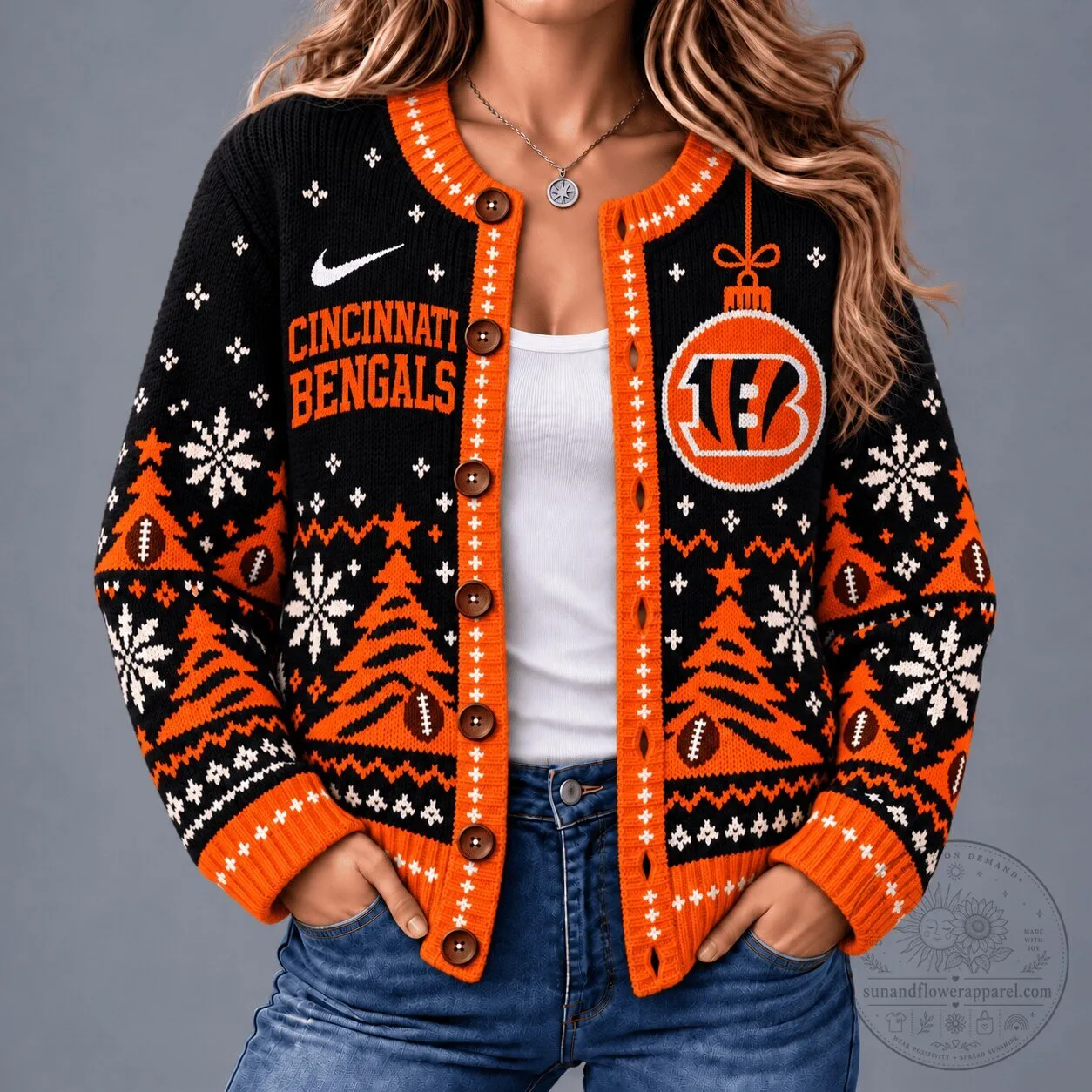 Cincinnati Bengals Christmas Snowflake Holiday Ugly Sweater Cardigan