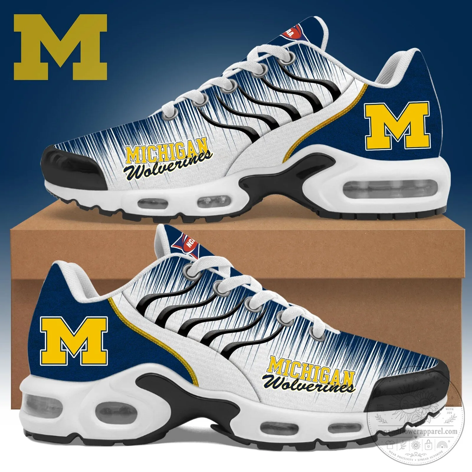 Michigan Wolverines NCAA College Football Team White Blue Athletic Shoes