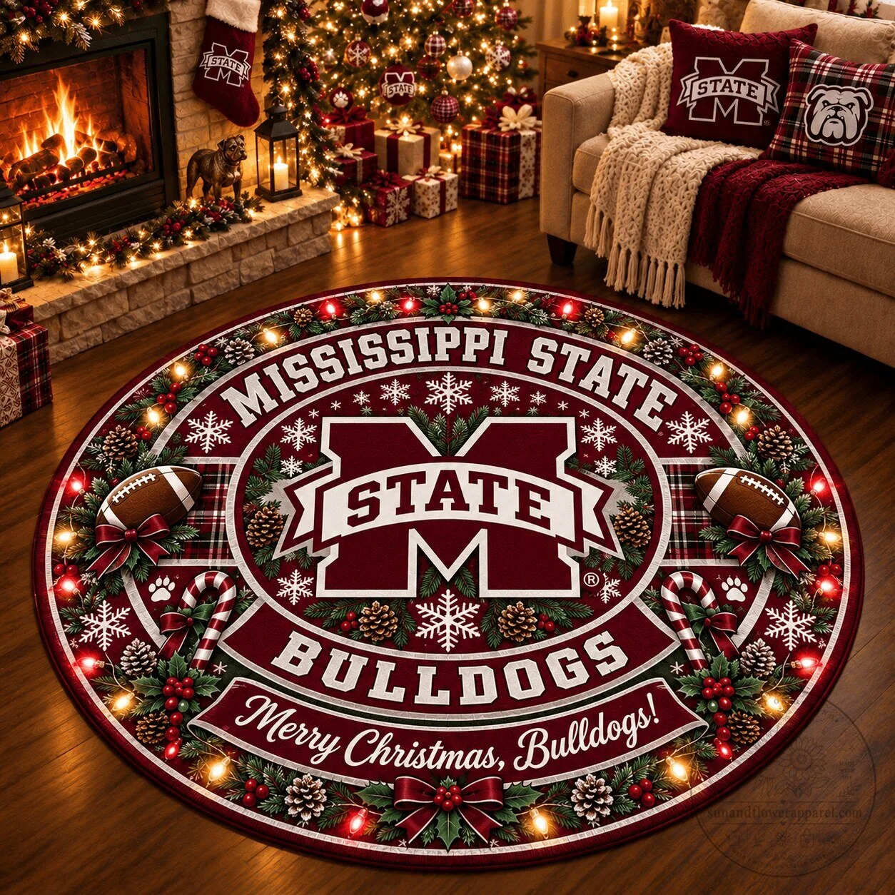 Mississippi State Bulldogs Christmas Round Rug - Merry Christmas Holiday Decor