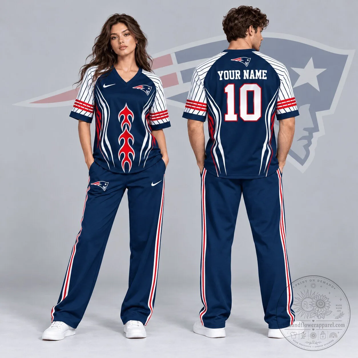 New England Patriots Custom Name and Number Flame Graphic V-Neck Football Jersey 1 New England Patriots Custom Name and Number Flame Graphic V-Neck Football Jersey