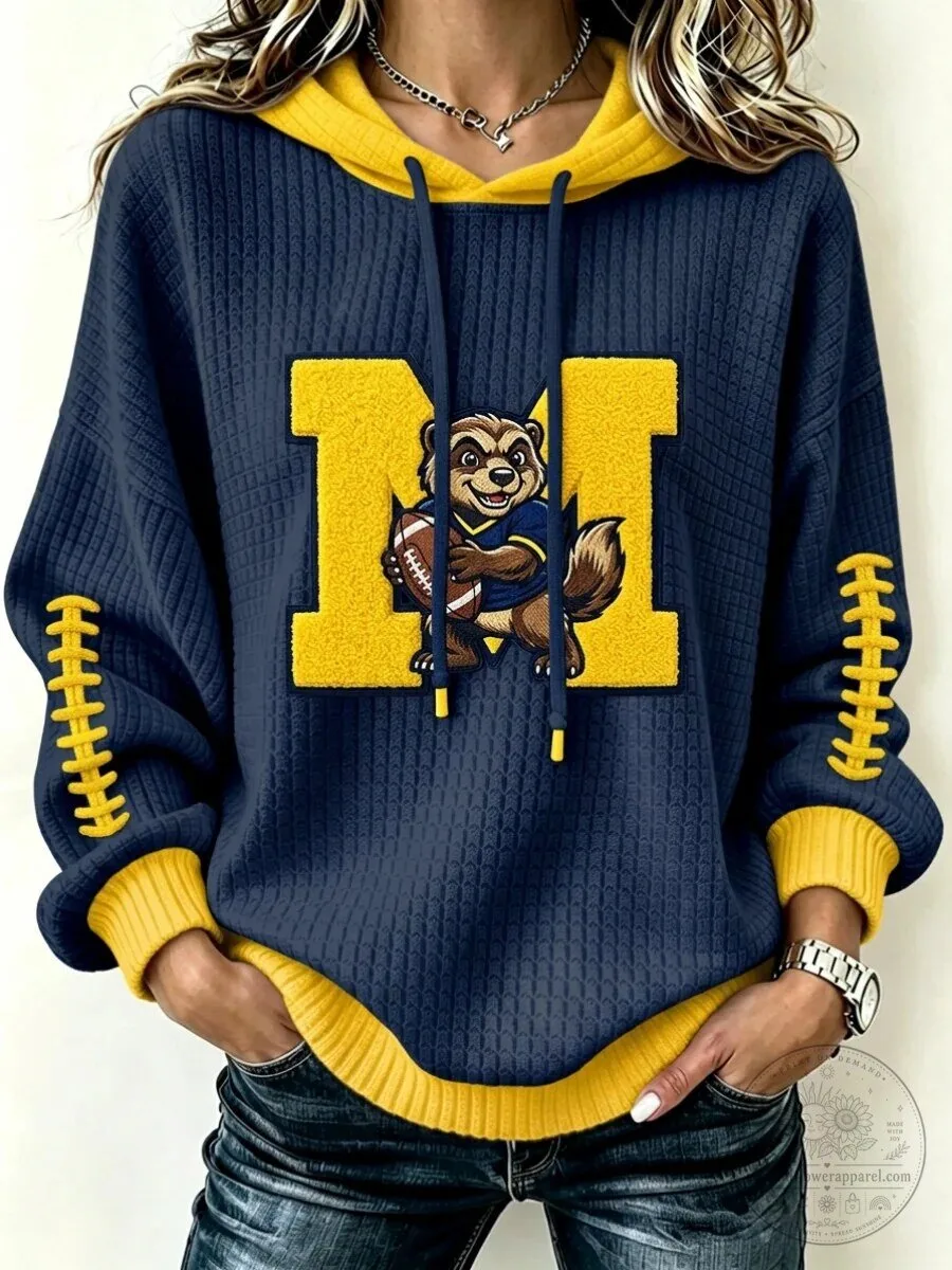 Michigan Wolverines Football Mascot Women's Navy Blue and Yellow Hoodie