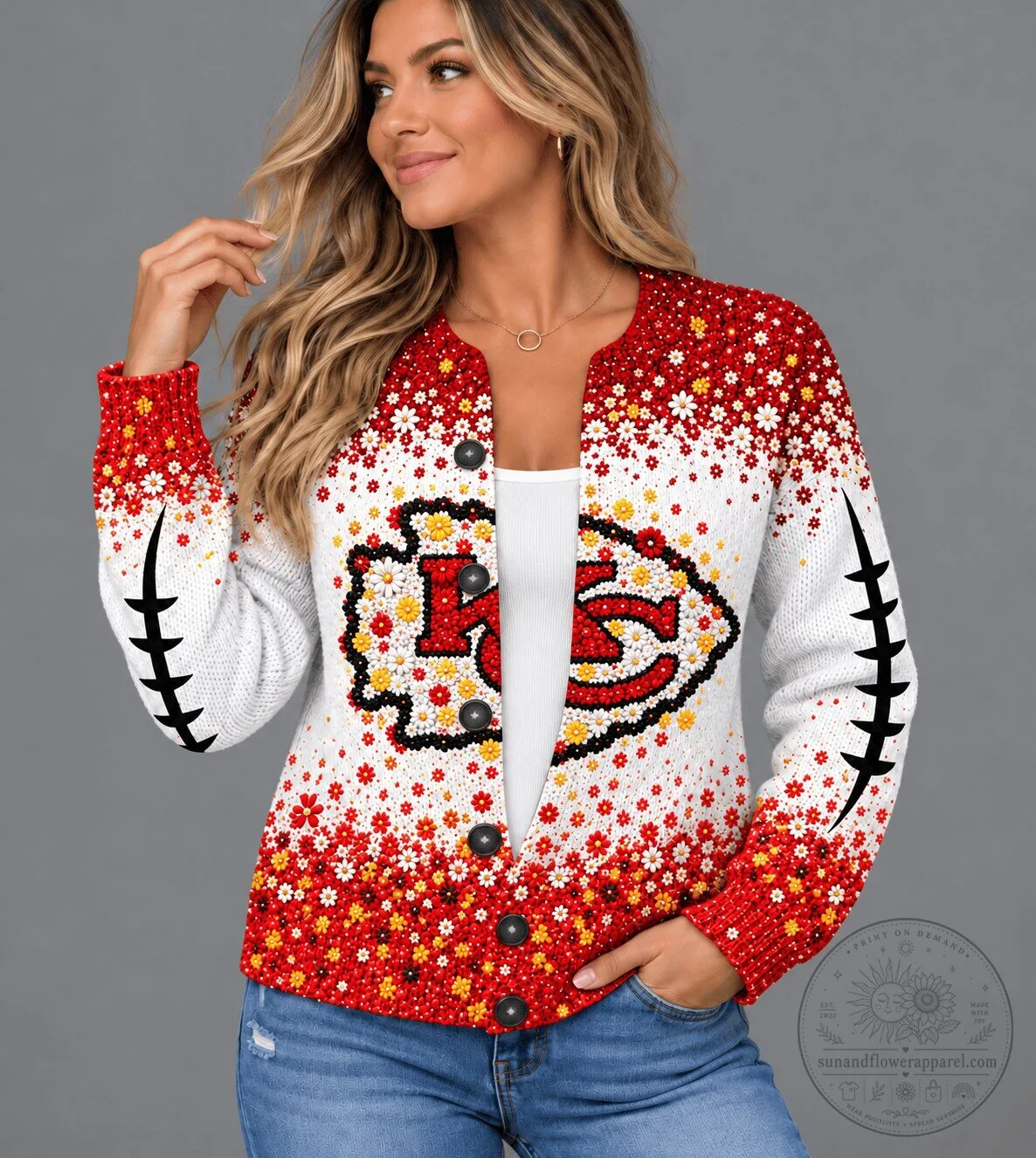 Kansas City Chiefs Floral Football Fan Button-Up Cardigan Sweater