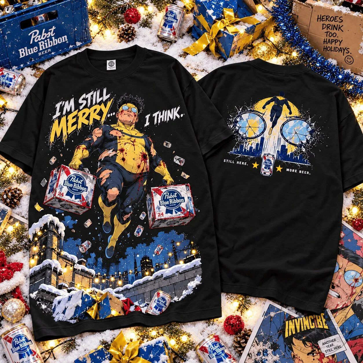 Invincible Still Merry Christmas Beer Party Black T-Shirt for Superhero Fans