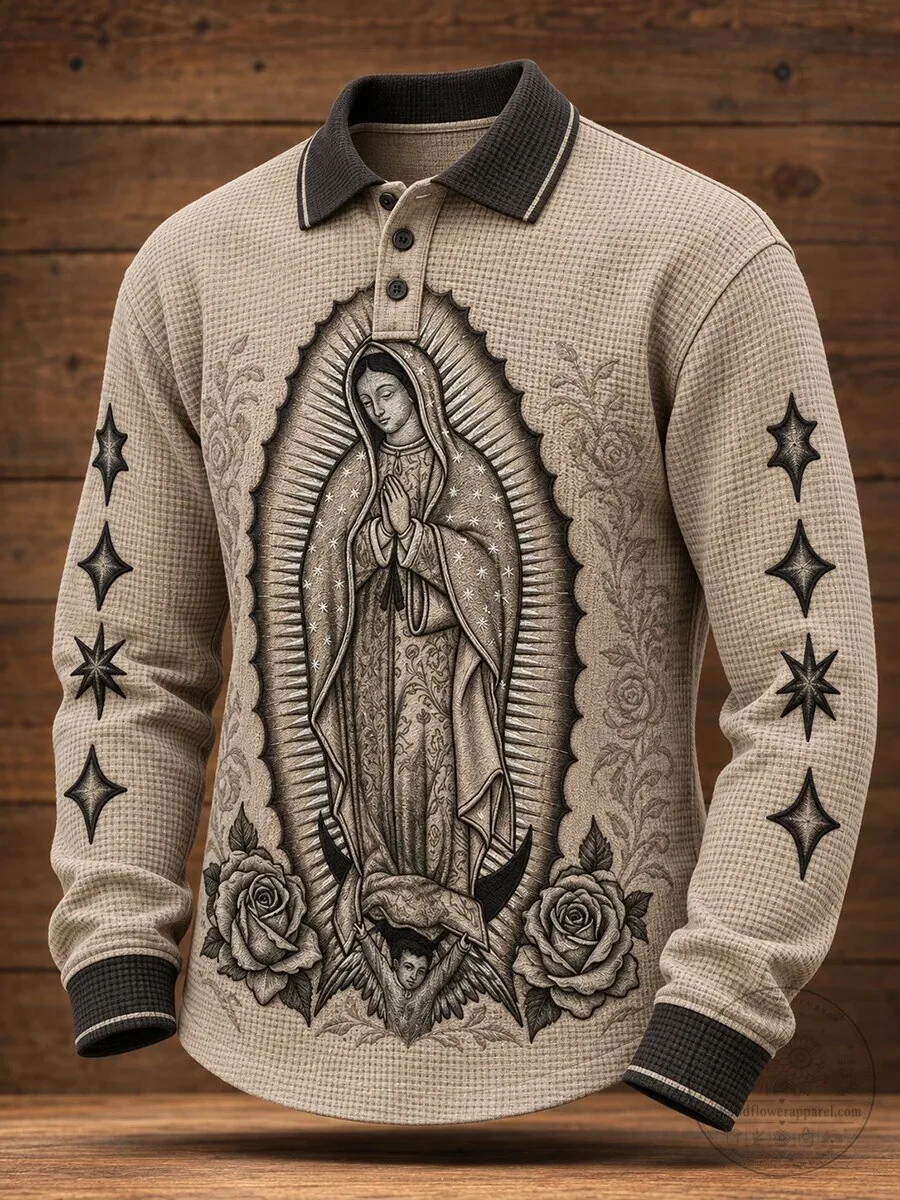 Our Lady of Guadalupe Religious Art Print Long Sleeve Polo Shirt for Men