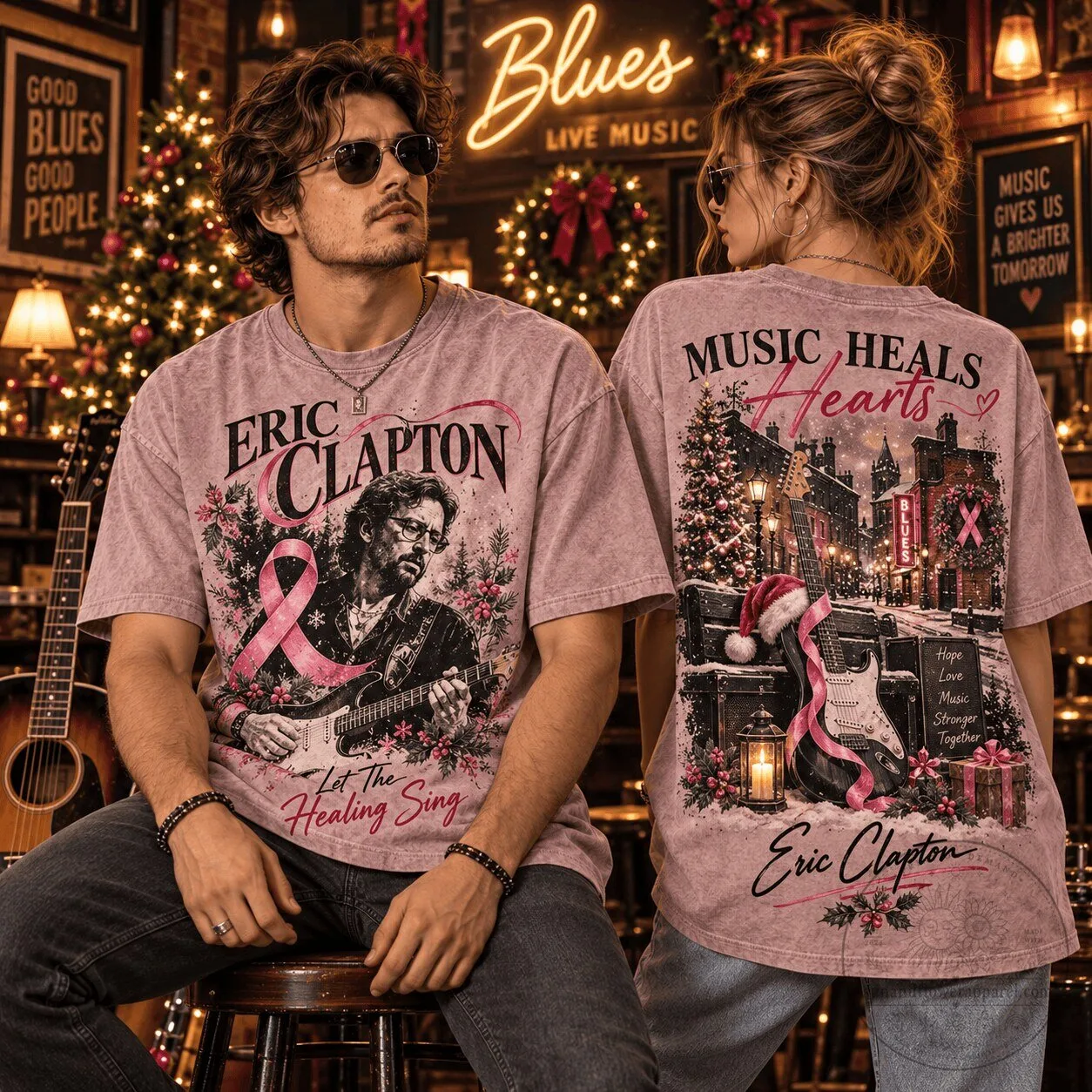 Eric Clapton Christmas Blues Music Heals Hearts Pink Ribbon Breast Cancer Awareness T-Shirt