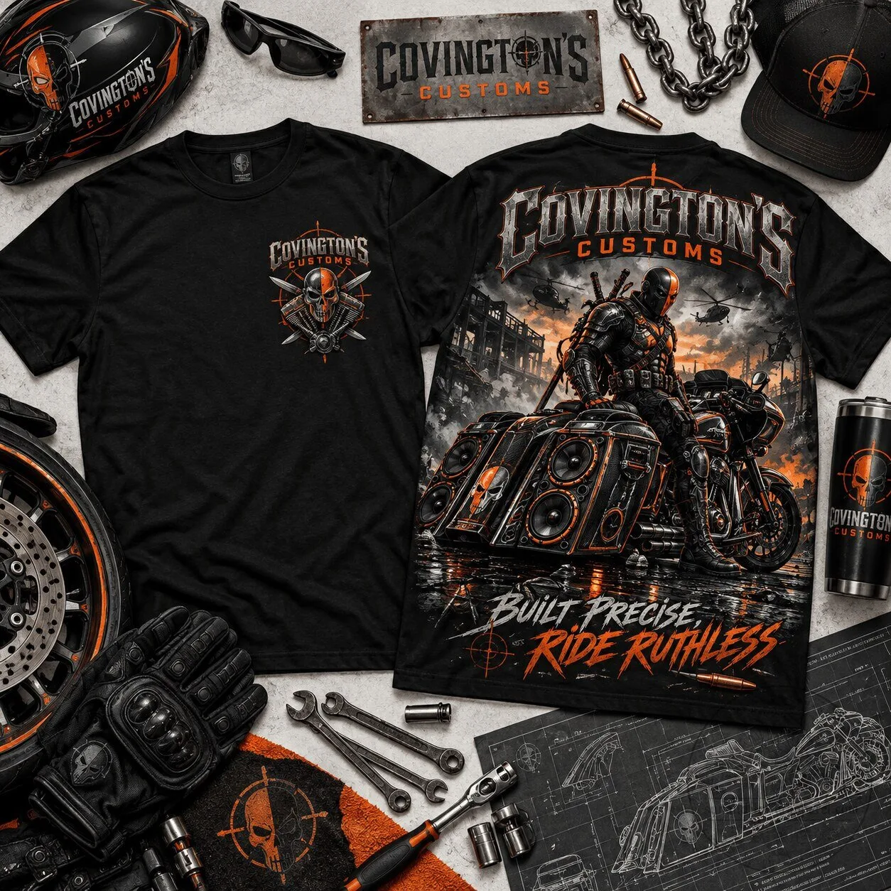 Covington's Customs Built Precise Ride Ruthless Motorcycle Rider T-Shirt