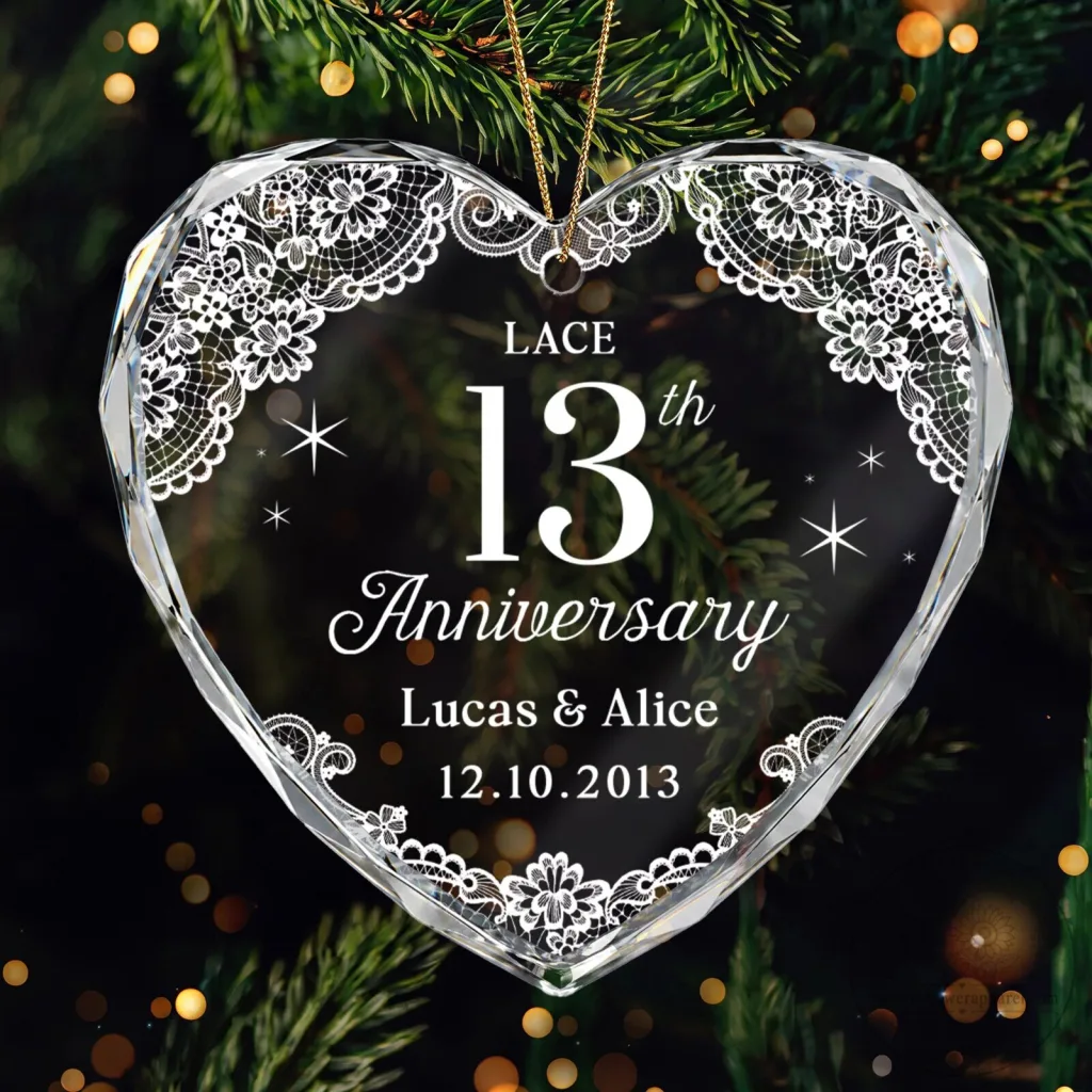 Personalized 13th Lace Anniversary Heart Shaped Glass Christmas Tree Ornament Personalized 13th Lace Anniversary Heart Shaped Glass Christmas Tree Ornament