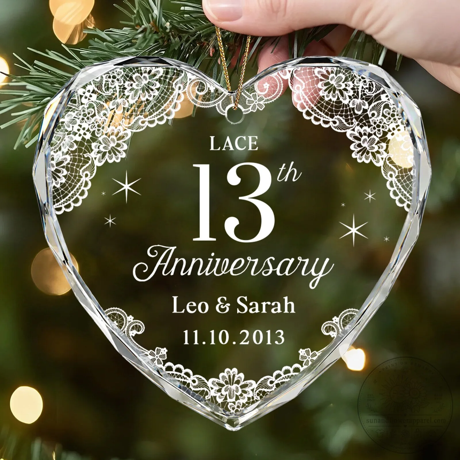 Personalized 13th Lace Anniversary Heart Shaped Glass Christmas Tree Ornament 10 Personalized 13th Lace Anniversary Heart Shaped Glass Christmas Tree Ornament