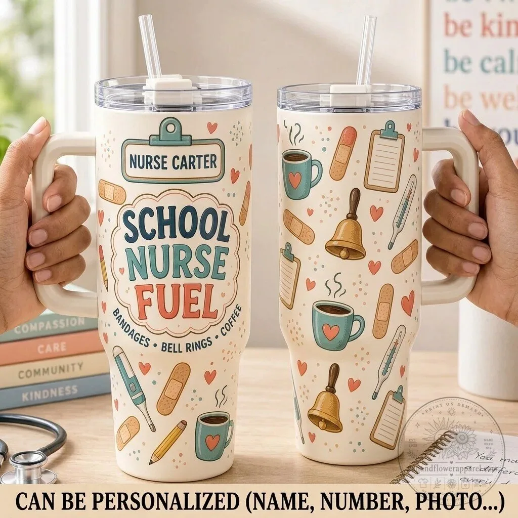 Personalized School Nurse Fuel 40oz Tumbler with Handle Custom Medical Gift