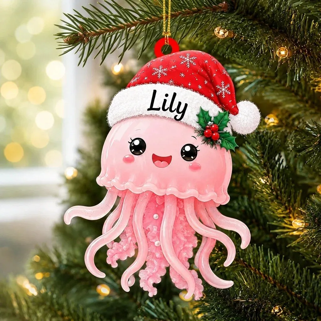 Personalized Cute Jellyfish Smiling with Santa Hat Christmas Tree Ornament
