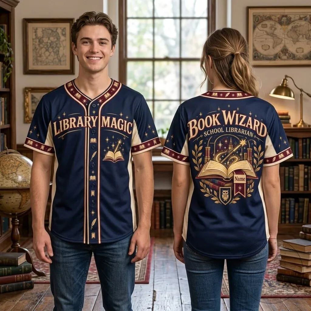 Book Wizard School Librarian Library Magic Baseball Jersey