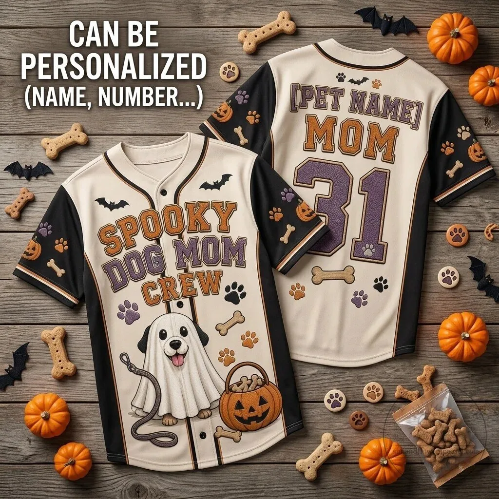 Personalized Spooky Dog Mom Crew Halloween Pet Name Baseball Jersey