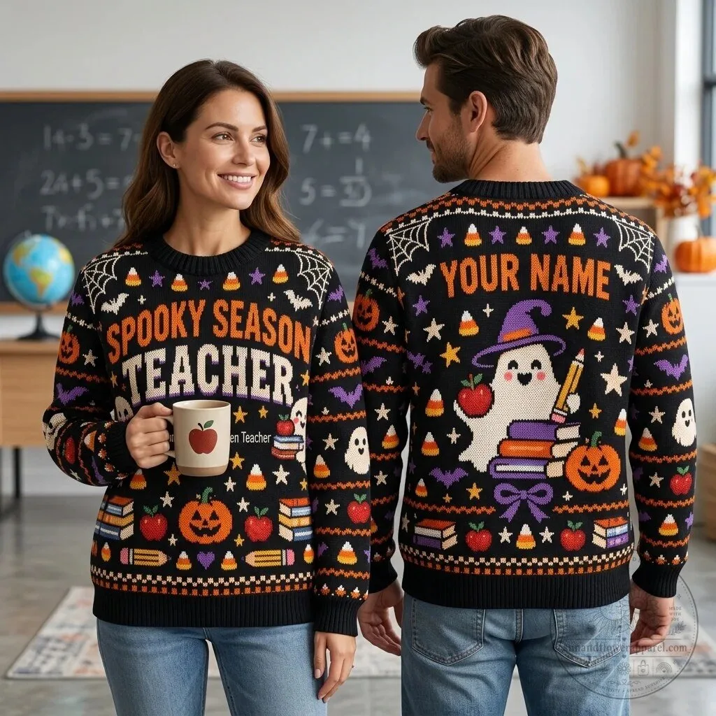 Spooky Season Teacher Halloween Personalized Ghost Sweater