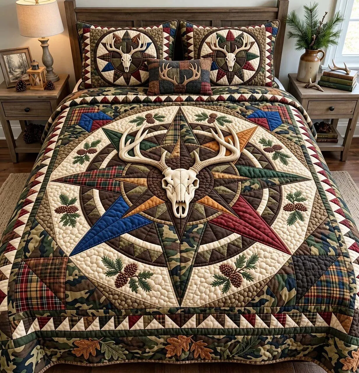 Hunter Compass Deer Skull Camouflage Quilted Bedding Set