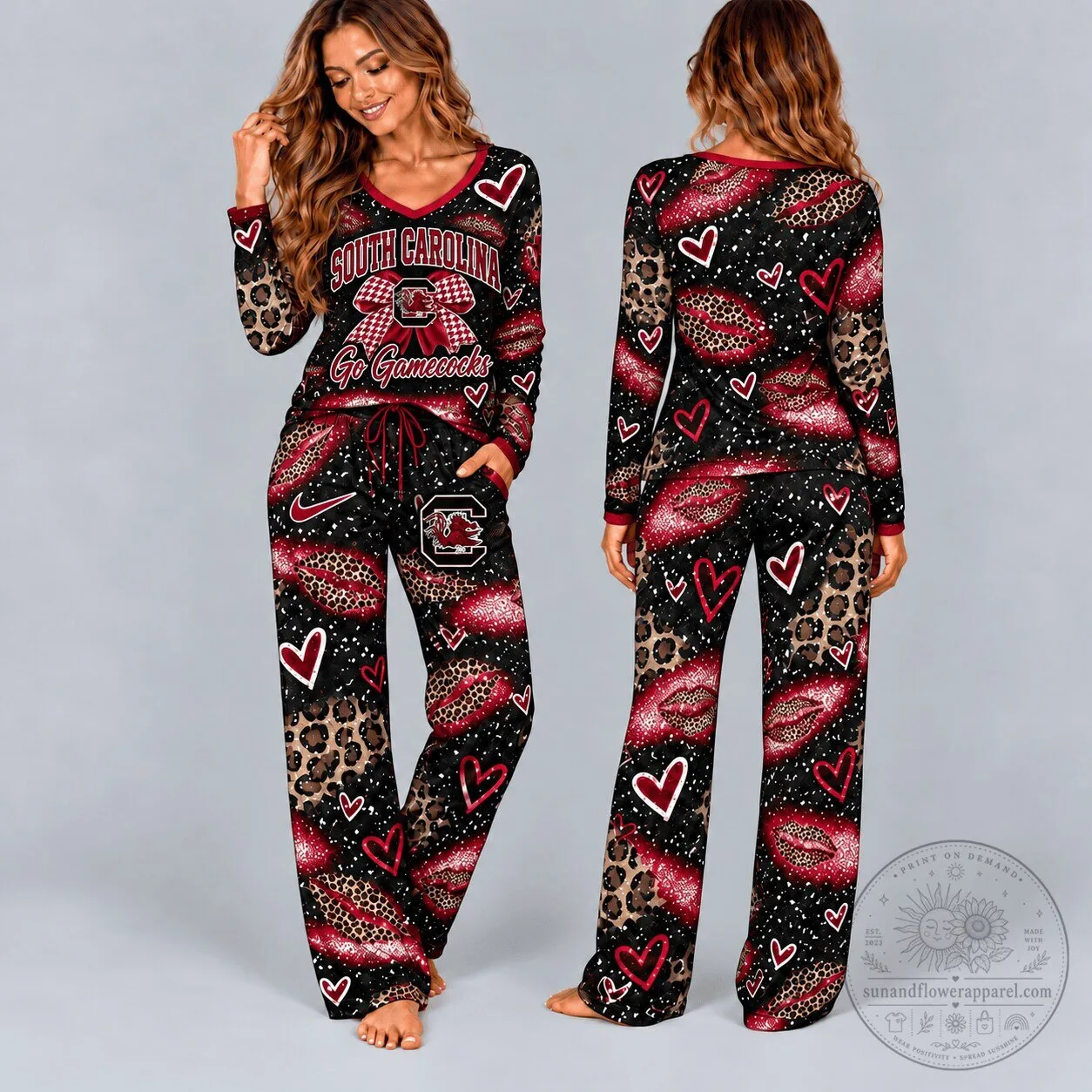 South Carolina Gamecocks Leopard Print Hearts Pattern V-Neck Long Sleeve Pajamas Set