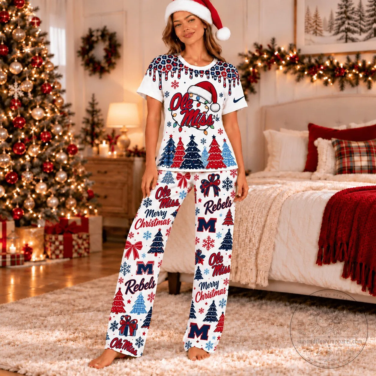 Ole Miss Rebels Christmas Leopard Drip Pajamas Set for Women